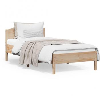 Cama sin colchón 90x200 cm en madera maciza de pino con cabecero, color marrón, estructura resistente y duradera