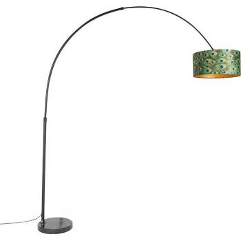 Lámpara de arco XXL negra con pantalla de terciopelo pavo real 50 cm