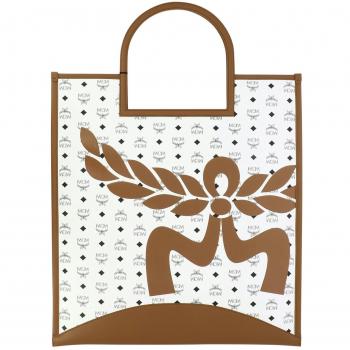 MCM Women's Aren Tote Bag in White | MWTESTA04WHITE, Handbag, Multicolor female, Size: ONE SIZE, Canvas Leather Trim Tote Bag