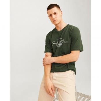 Camiseta manga corta Jack & Jones Ferris Logo Grande para hombre, color verde oscuro, con cuello redondo y print frontal, suave y perfecta para el uso diario