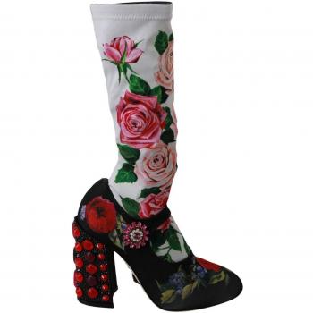 Dolce & Gabbana Black Floral Crystal Jersey High Boots - EU38/US7.5