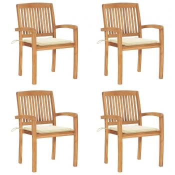 Stackable Garden Chairs with Cushions - Set of 4 Solid Teak Wood