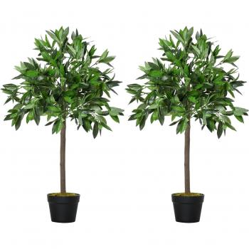 Outsunny 2 Plantas Artificiales de 90 cm de Altura Árboles de Laurel con Maceta para Uso en Interiores y Exteriores, Color Verde