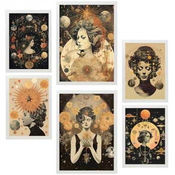 Set de 6 Pósters Collage Surrealista Esotérico Femenino y Místico para Decorar Paredes del Hogar (A3 y A4, Sin Marco)