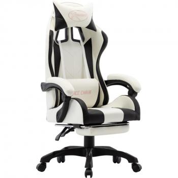 Silla Gaming con Reposapiés en Cuero Sintético Negro y Blanco