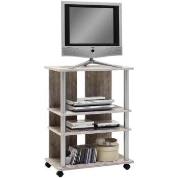 FMD Moebel 205-007 Variant 7-Mueble para televisor con ruedas con 3 estantes y barra de poliamida coloreada, aluminio y madera de roble y arena, 65 x 40 x 85 cm