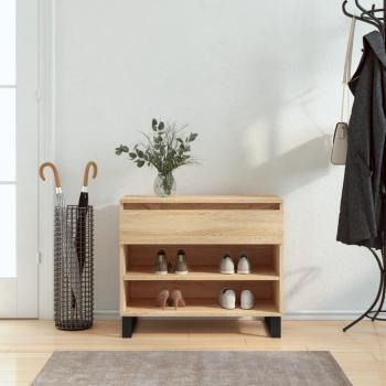 Mueble zapatero de madera contrachapada 70x36x60 cm en color blanco brillante, gris hormigón y roble Sonoma