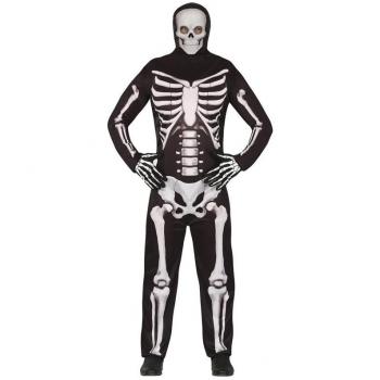 Disfraz de Esqueleto para Hombre - Incluye traje completo con estampado de huesos, máscara facial, guantes y detalles en 3D. Talla disponible: M/L. Ideal para Halloween y fiestas temáticas