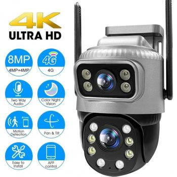 Cámara IP 4G Doble Lente 8MP 4K Resistente al Agua con Visión Nocturna V380 Pro para Vigilancia Exterior y Protección de Seguridad CCTV