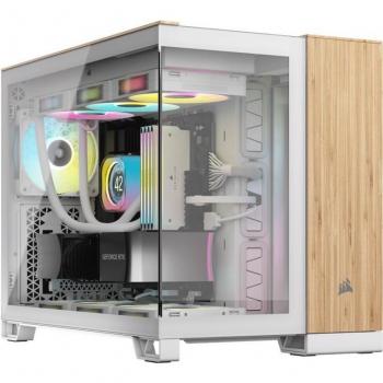 Corsair 2500X - Caja PC Mid Tower Micro ATX con Ventana de Vidrio Templado, Blanco y Madera de Bambú