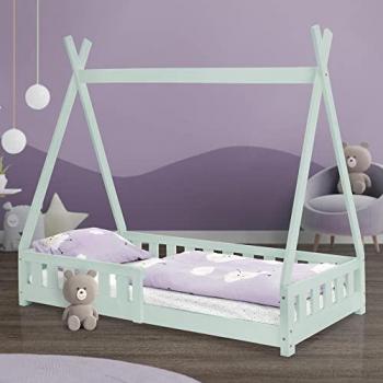 Cama Infantil Tipi 80x160 cm de Madera de Pino con Protección Anticaída y Somier Estructura
