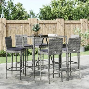 7-Piece Grey Poly Rattan Garden Bar Set with Cushions