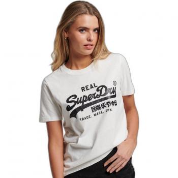 Camiseta Superdry Vl Embellish Beige para mujer, manga corta, diseño vintage logo, color blanco y negro