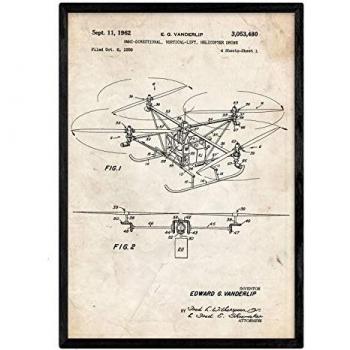 Póster A3 con Patente de Dron Helicóptero - Diseño Antiguo y Fondo Vintage