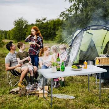 Costway Folding Metal Table Portable Bi-Fold Picnic Dining Table with 3-Level Height Adjustment