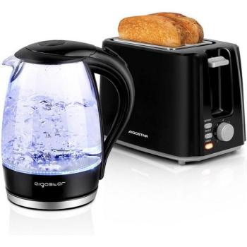 Set de Desayuno Aigostar: Hervidor de Agua Eléctrico (1,7L) y Tostadora de 2 Ranuras con 7 Ajustes, Descongelación y Recalentar - Color Negro