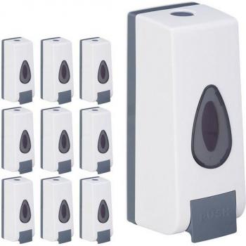 Set 10 Dispensadores de Jabón de Pared Rellenables, 350 ml, Manual, Bomba para Gel Ducha o Lavavajillas, Blanco
