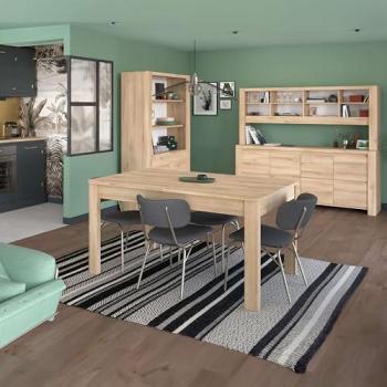 Pack de muebles de salón moderno en melamina color roble claro con mesa extensible, aparador y vitrina