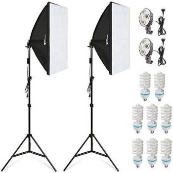 Amzdeal 50 x 70 cm Softbox fotografía, Kit fotografía, Kit de iluminación para estudio fotográfico, kit de fotografía completo y profesional, ocho bombillas, dos softboxes y dos trípodes