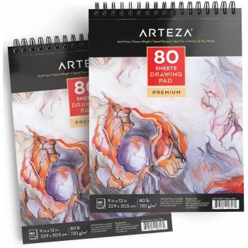 Arteza 9X12 Drawing Pad 2 Pack, 160 Pages Total, Two Spiral Bound Artist Drawing Books, 80 Sheets Each, Durable Acid Free Sketch Paper