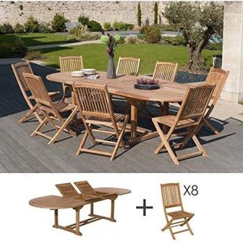 Conjunto de Jardín en Teck para 10/12 Personas: Mesa Ovalada Extensible 200/300cm y 8 Sillas