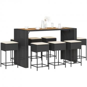Juego de Bar de Jardín 9 Piezas con Almohadas de Polyrattan Negro