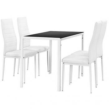 Set de Comedor Moderno Mesa de Vidrio y Polipiel 105 x 60 cm con 4 Sillas Blancas - Negro y Blanco
