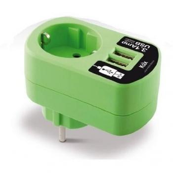 Ksix BXCDAU01V - Adaptador directo USB dual 3A con enchufe de red, verde