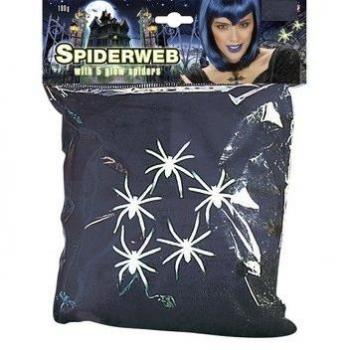 Telaraña Negra y Blanca de 100g con 5 Arañas Fluorescentes Widmann