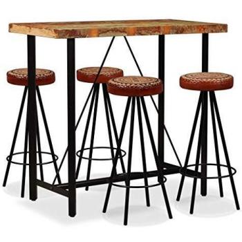 vidaXL Set Mesa Taburetes Bar 5 Pzs Madera Reciclada Cuero Lona Mesilla Mueble