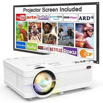 Proyector QKK, 3600 Lumens Mini Proyector con Pantalla Portatil, Video Proyector, Soporta Full HD 1080P, Conecta a Dispositivos HDMI VGA USB TF AV, Proyector Cine en Casa, Blanco.