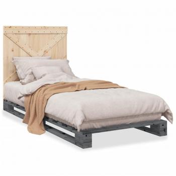 Cama individual con cabecero de madera maciza de pino gris 90x200 cm