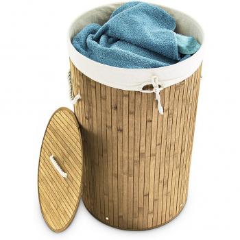 Cesto de Bambú para Ropa Sucia, Diseño Redondo y Estrecho, Plegable con Tapa, Capacidad de 80L, Diámetro de 41cm - Color Natural