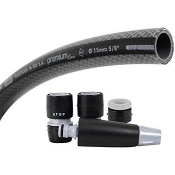 TATAY Kit manguera Premium, rollo de 20m de máximas prestaciones en PVC con doble malla y gran resistecia a la presión. Sistema NTS plus, anti torsión, con kit completo de riego, soft touch y anti-uva