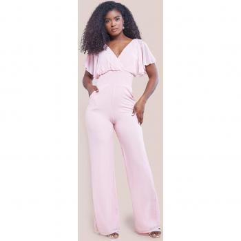 Goddiva Chiffon Jumpsuit With Flutter Sleeves - Blush