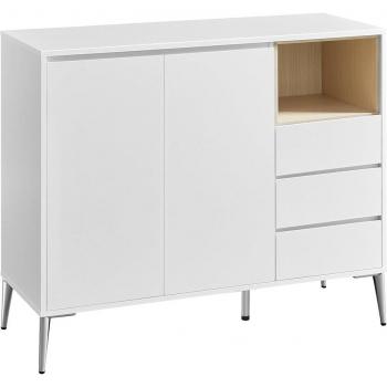 Aparador moderno de almacenaje con puertas color blanco nube o gris cemento, 3 cajones y estante ajustable, para salón, cocina, estudio, medidas 40x103,5x85 cm