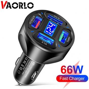 Cargador de coche VAORLO 66W con 4 puertos USB, pantalla de voltaje y carga rápida QC3.0