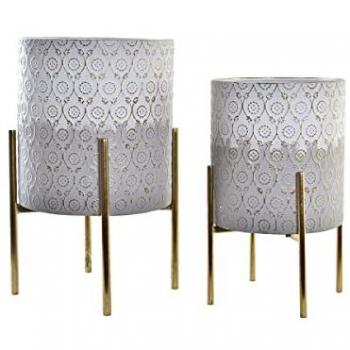 Set de Macetas DKD Home Decor Bicolor Blanco y Dorado de Metal Hierro Cuadrado Árabe (2 Unidades, 35 x 35 x 53 cm)