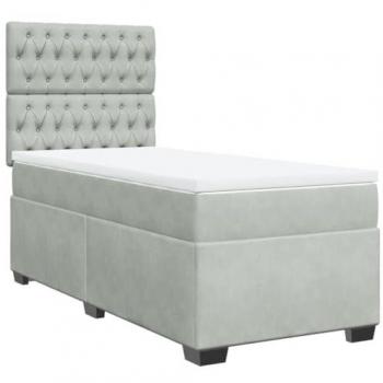 Cama box spring con colchón de muelles y terciopelo gris claro 90x190 cm