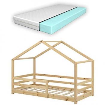 Cama para niños Knätten - Casita con colchón ortopédico, reja de seguridad y somier - Pino natural 80 x 160 cm