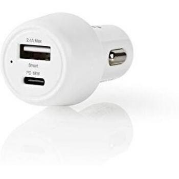 Nedis CCPD18W100WT Cargador para Coche | 3,0 A | USB-A/USB-C | Power Delivery de 18 W | Blanco