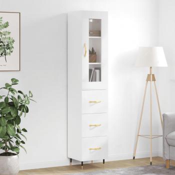 Aparador alto de madera contrachapada blanco brillo 34,5x34x180 cm con 3 cajones, mueble de almacenaje para salón, buffet y armario auxiliar