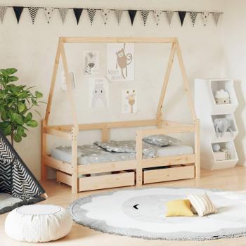 Cama infantil de madera de pino con cajones, 70x140 cm, color marrón