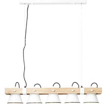 Lámpara colgante Plow de 5 luces E27 en blanco y madera clara, cabezales ajustables