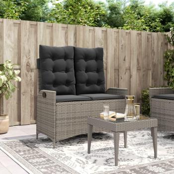 Banco de jardín reclinable con almohadas de polyrattan gris