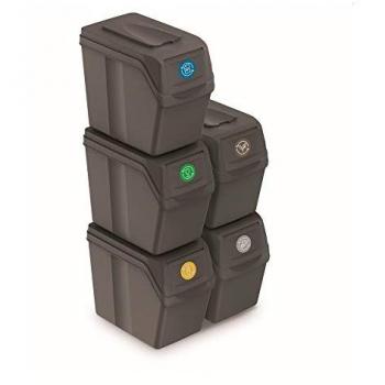 Juego de 5 cubos de reciclaje 100L Prosperplast Sortibox de plástico en color gris, volumen total 100 litros, incluye 5 unidades con capacidad individual de 20 litros cada una