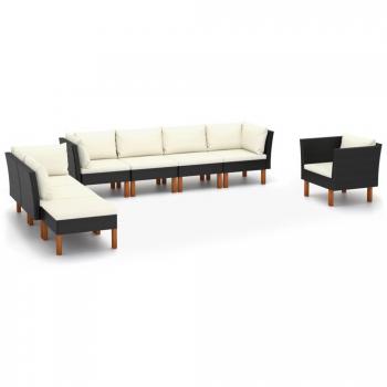 9-Piece Black Synthetic Rattan Garden Lounge Set with Eucalyptus Wood