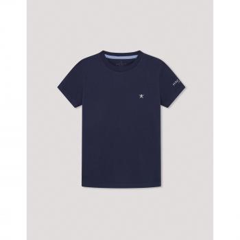 Camiseta básica de niño Hackett London con pequeño logo, cuello caja, color marino, algodón, manga corta (7 años = 122 cm), moda casual infantil
