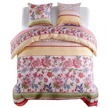 vidaXL Funda Nórdica 3 Piezas Flores a Rayas 200x200/80x80cm Ropa de Cama Rosa