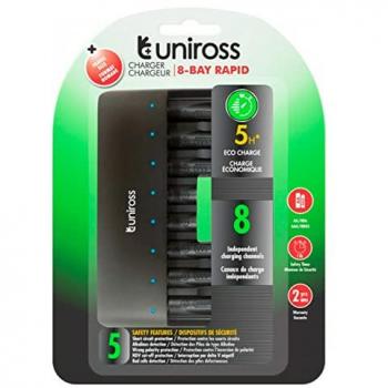 Uniross Cargador rápido para baterías recargables AA / HR6 - AAA / HR03 con 8 canales de carga independientes alimentado por cable USB - Paquete de 1 cargador